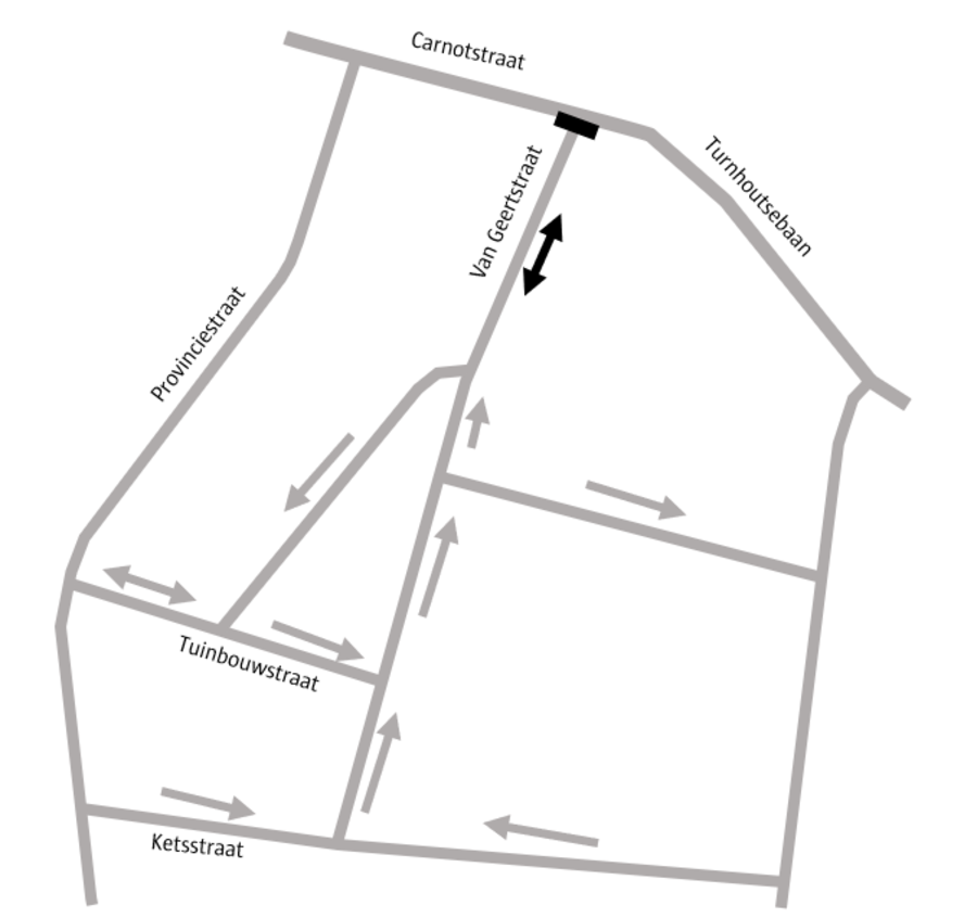 Verkeerscirculatie omgeving Van Geertstraat na realisatie knip. Verkeerscirculatie omgeving Van Geertstraat na realisatie knip.